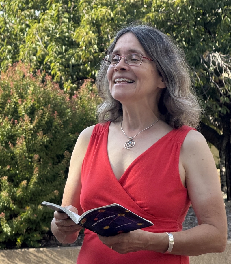 Agnes reading on campus